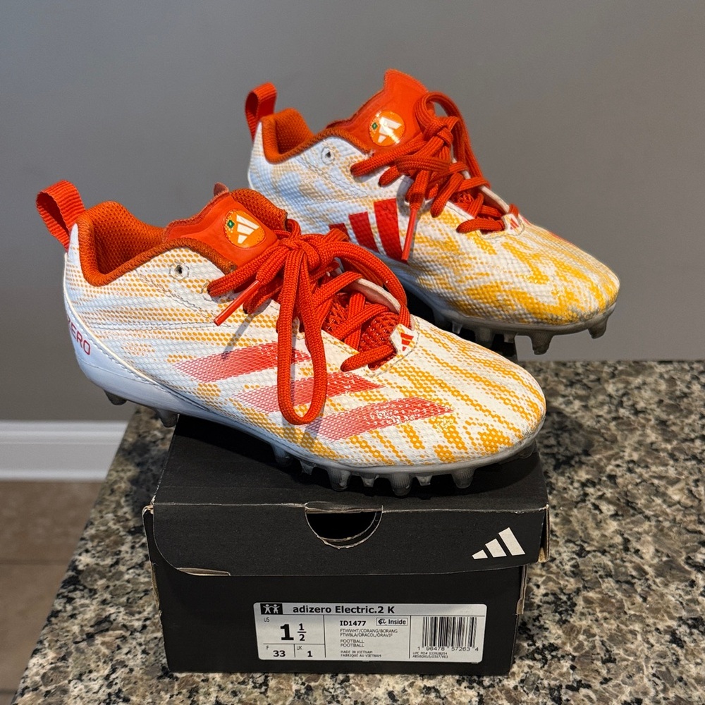 Adidas Kids Adizero Electric 2.0 K White and Orange cleats used
